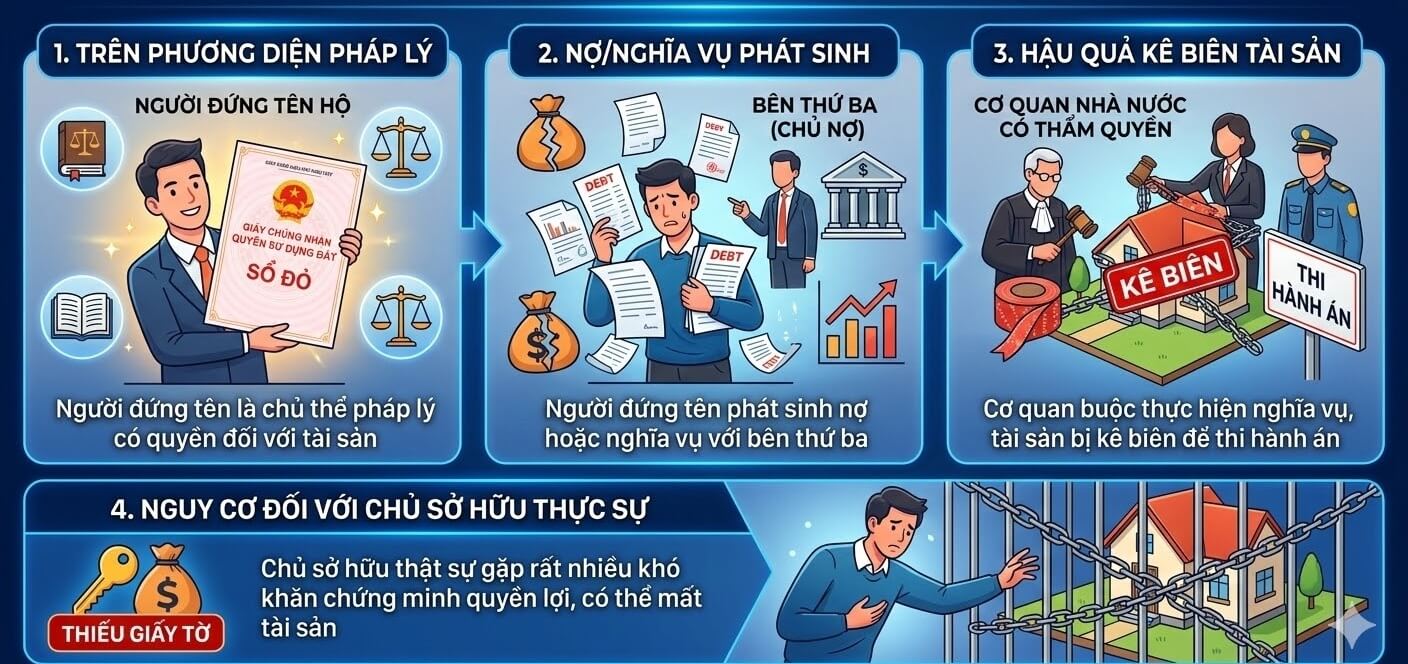 Rủi ro khi tài sản bị kê biên để thực hiện nghĩa vụ của người đứng tên hộ
