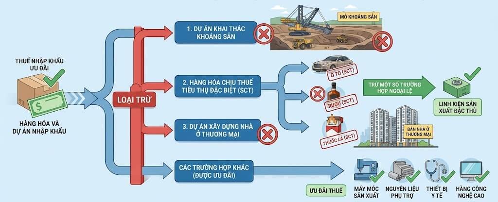 Loại trừ việc áp dụng ưu đãi thuế nhập khẩu đối với một số dự án và hàng hóa